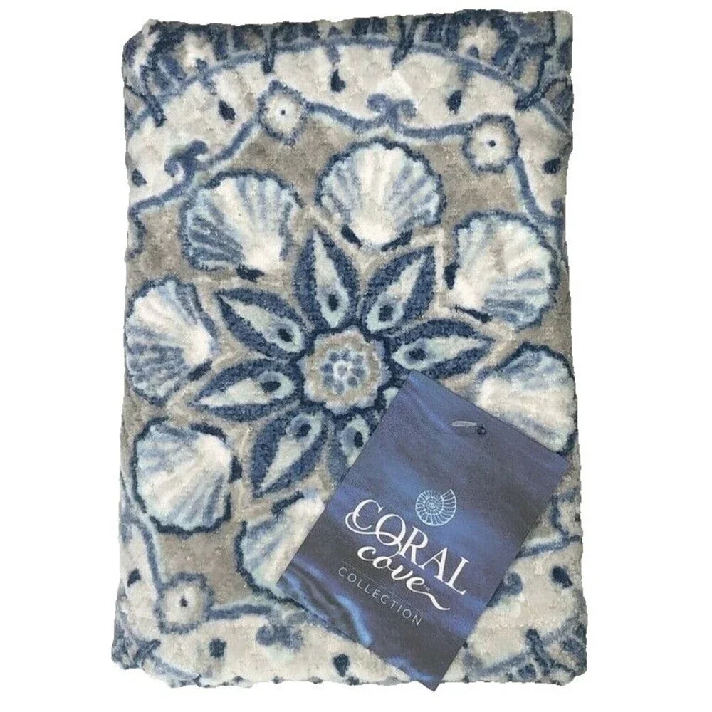 Coral Cove Shell Medallion Plush Hand Towels Set of 2 Beach Summer House Blue